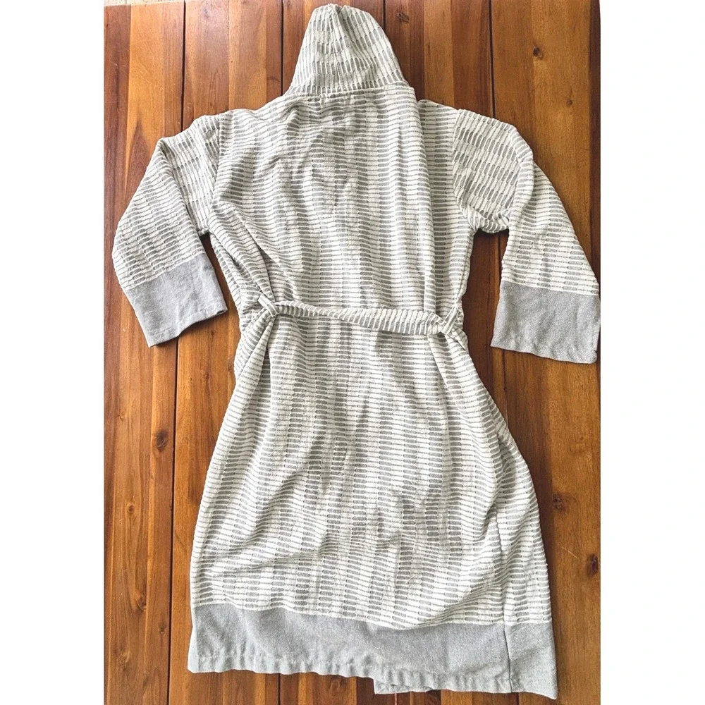 Turkish Cotton Hooded Robe L/XL Gray Stripe Belted Lightweight Spa Bathrobe‎ NWT